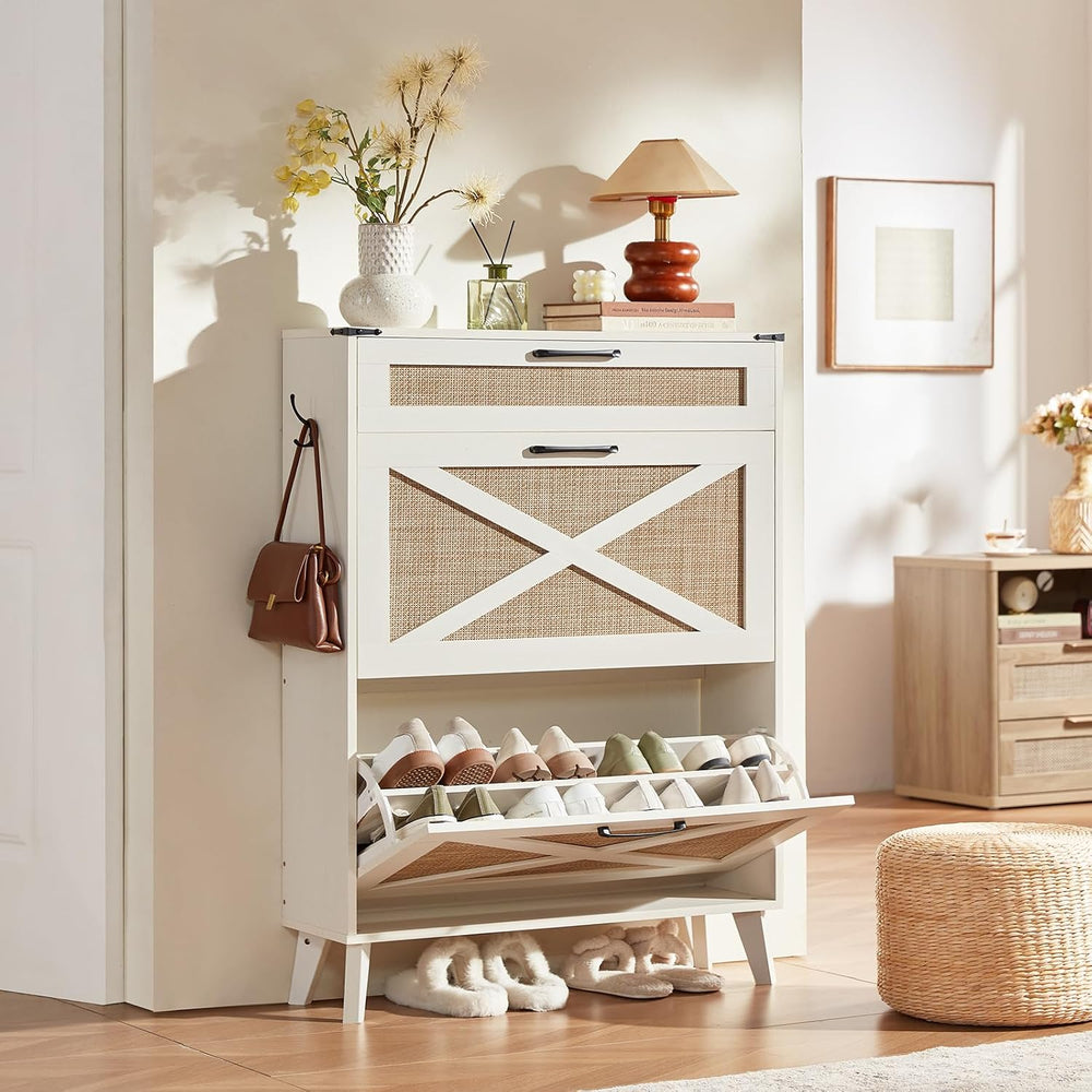 LEYAOYAO Rattan Shoe Cabinet Storage for Entryway with 2 Flip Drawers