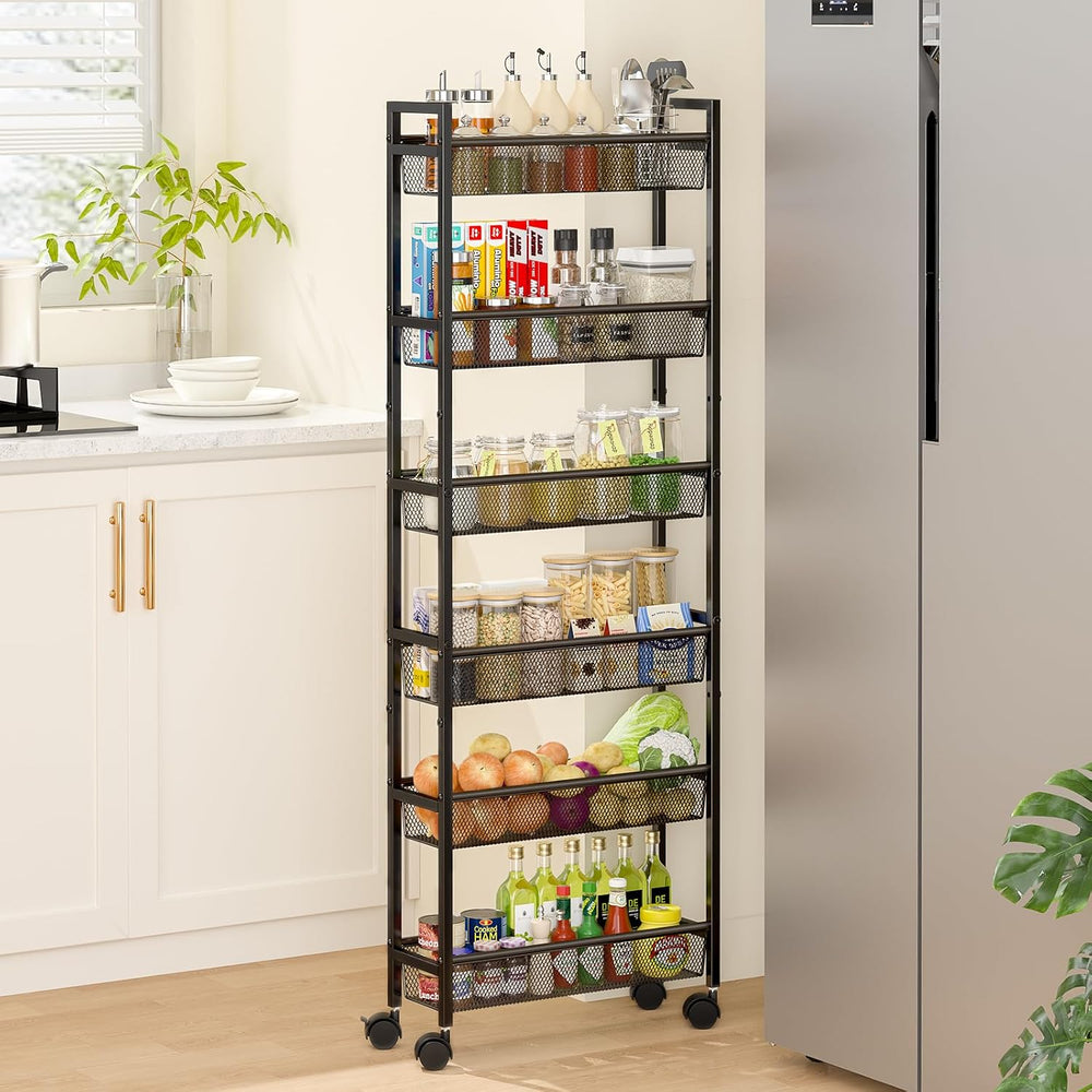 ThreeHio 6 Tier Slim Storage Cart, Narrow Cart with Wheels, Metal Mobile Shel...