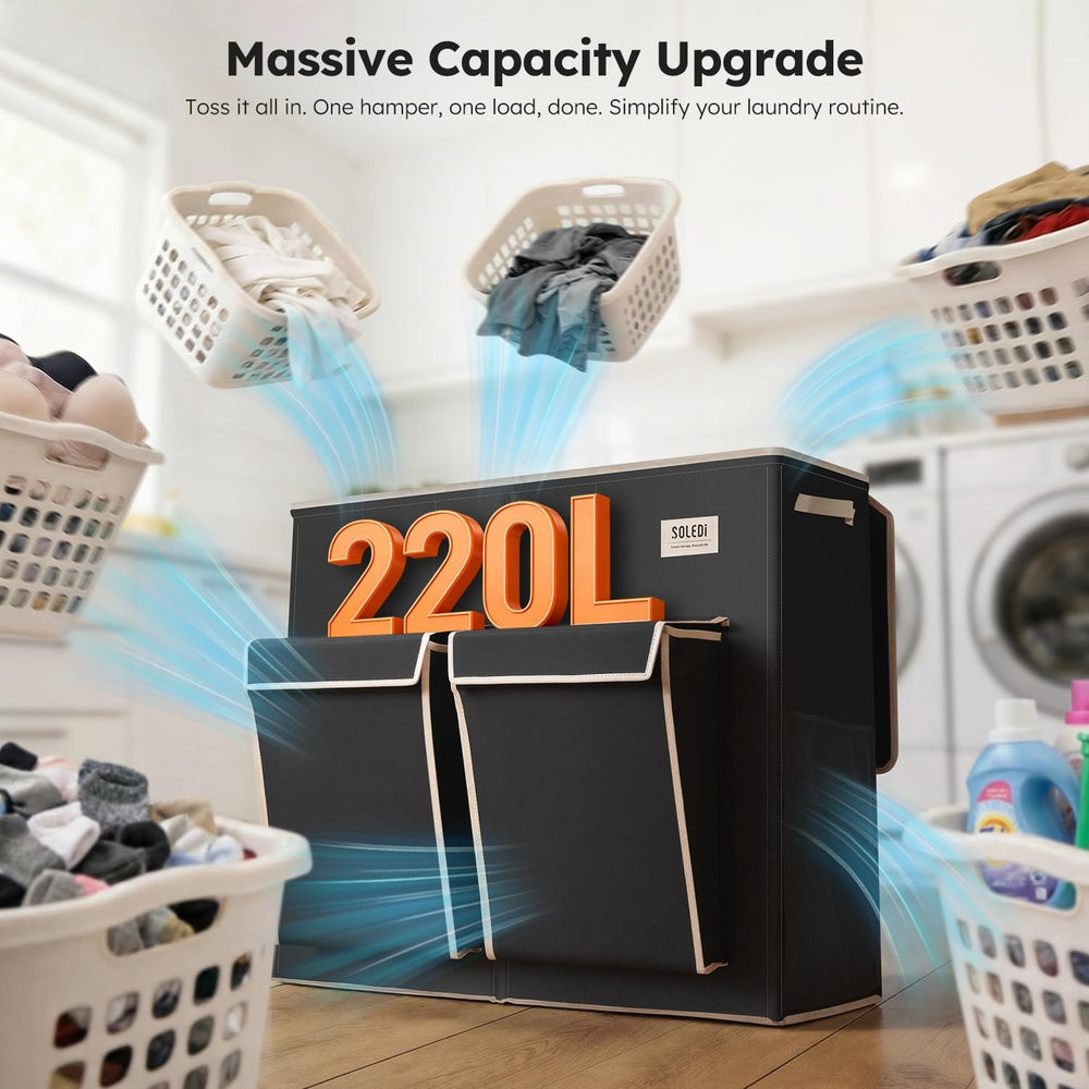 SOLEDI 220L Laundry Hamper 3 Section with Lid and 2 Side Pockets
