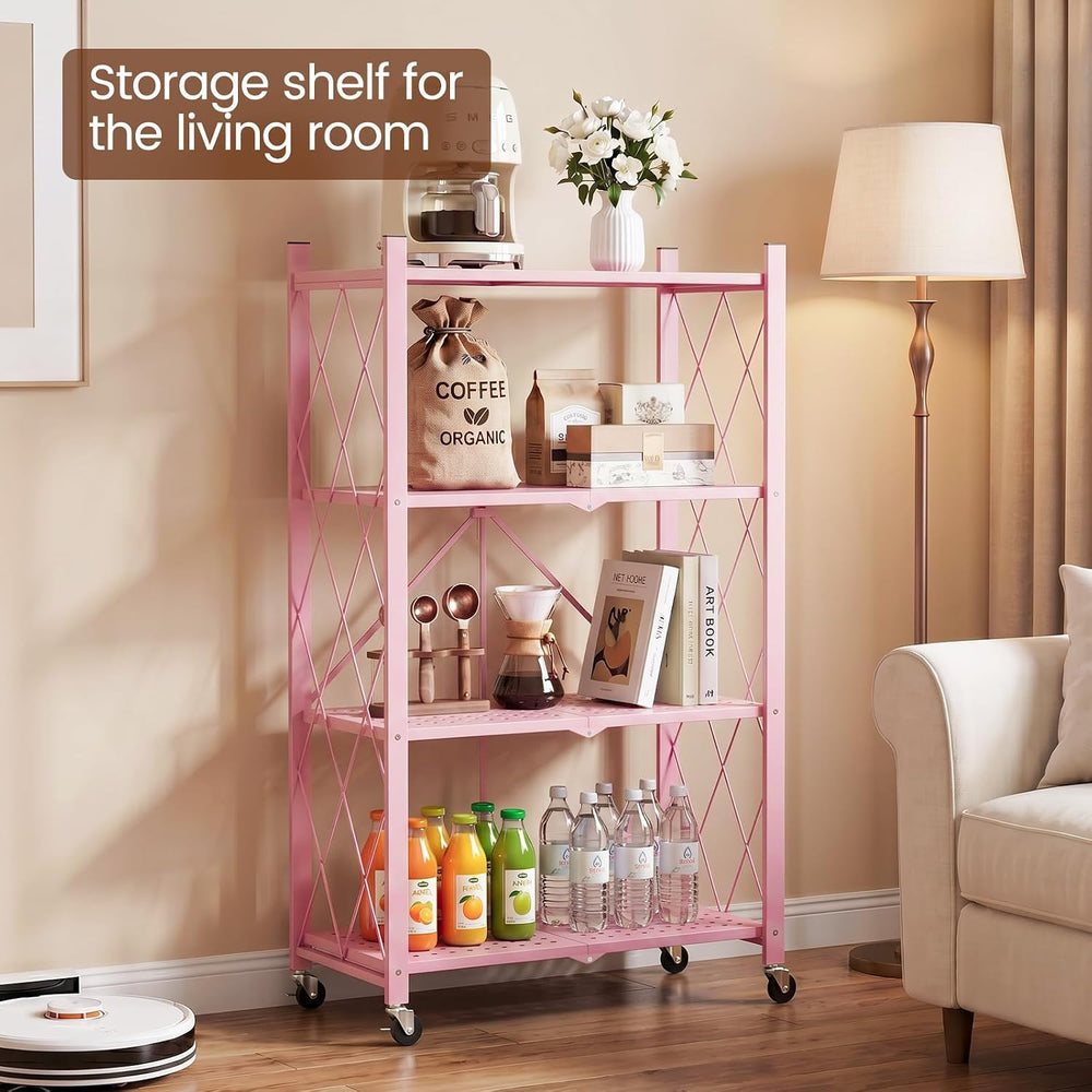 ALANNG 4 Tier Folding Storage Shelf on Wheels,Heavy Duty Metal Rolling Cart