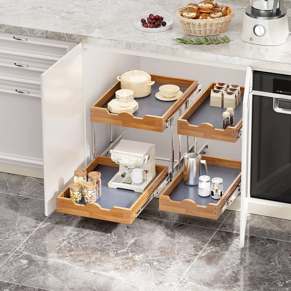 OCG 2 Tier Pull Out Cabinet Organizer (17"W x 21"D), Double Tier Sl...