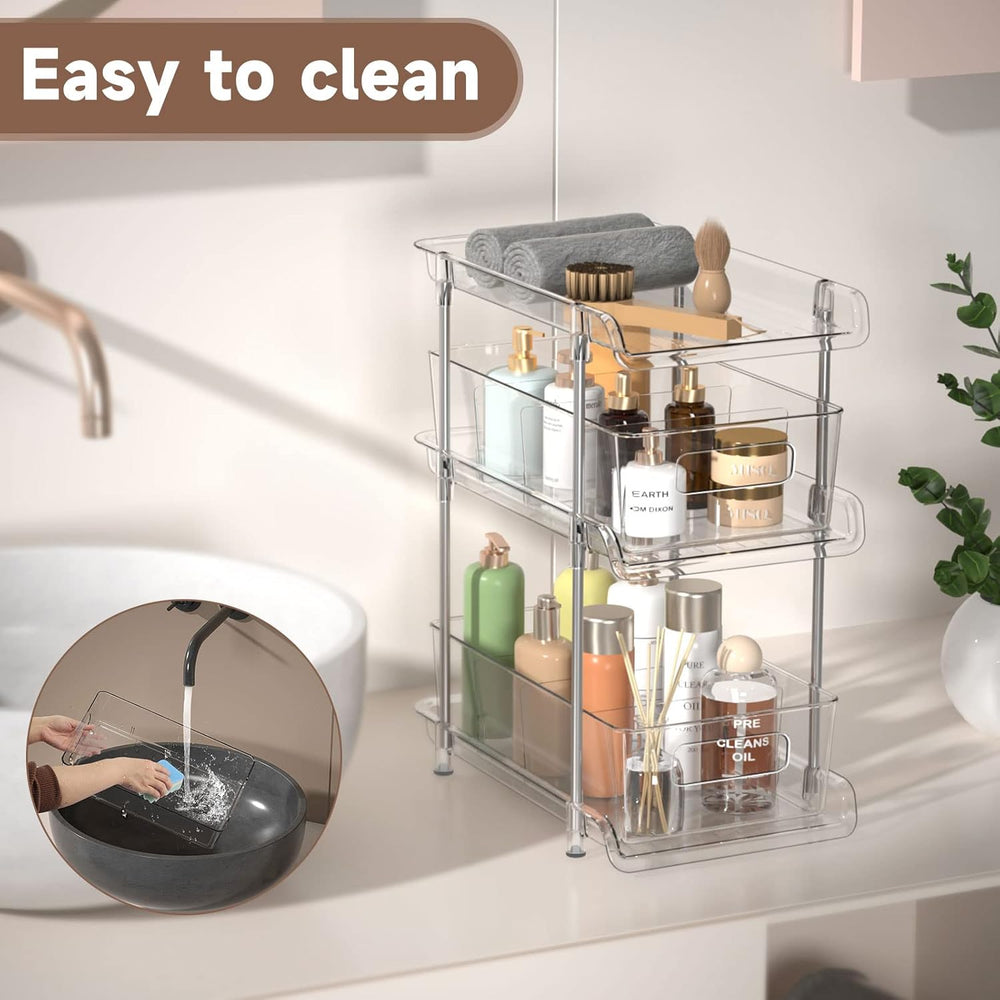 2Set 3 Tier Clear Bathroom Organizer with Dividers, Pull-Out Pantry Organizat...