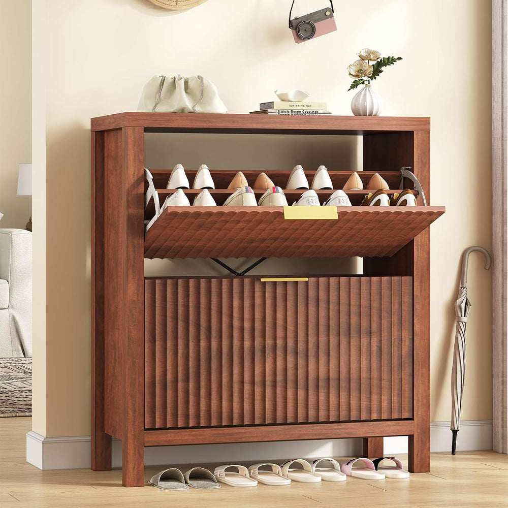 Fluted Shoe Cabinet Storage with 2 Flip Drawers for Entryway, Hallway