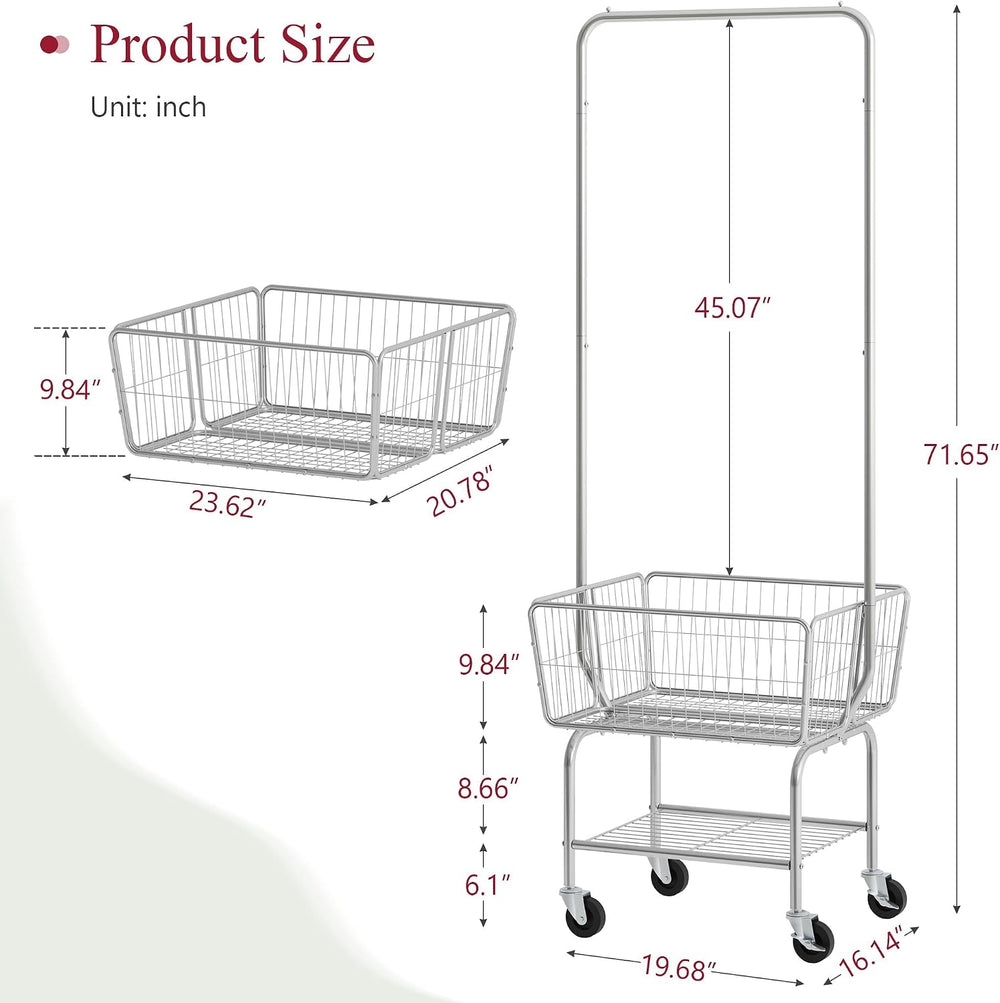 Tajsoon Rolling Laundry Cart with Hanging Rack & Laundry Basket, Silver