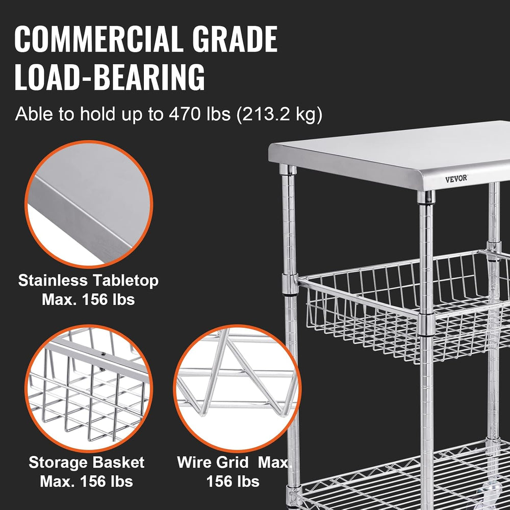 VEVOR Kitchen Utility Cart, 36.6"x20"x24" 3 Tiers Wire Rolling...