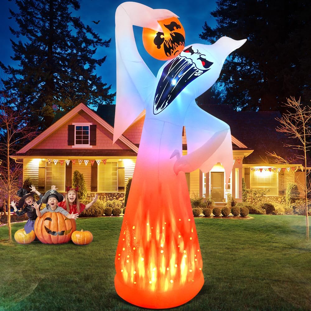 10 FT Halloween Inflatables Ghost with Pumpkin Decoration, Built in Flame Rot...
