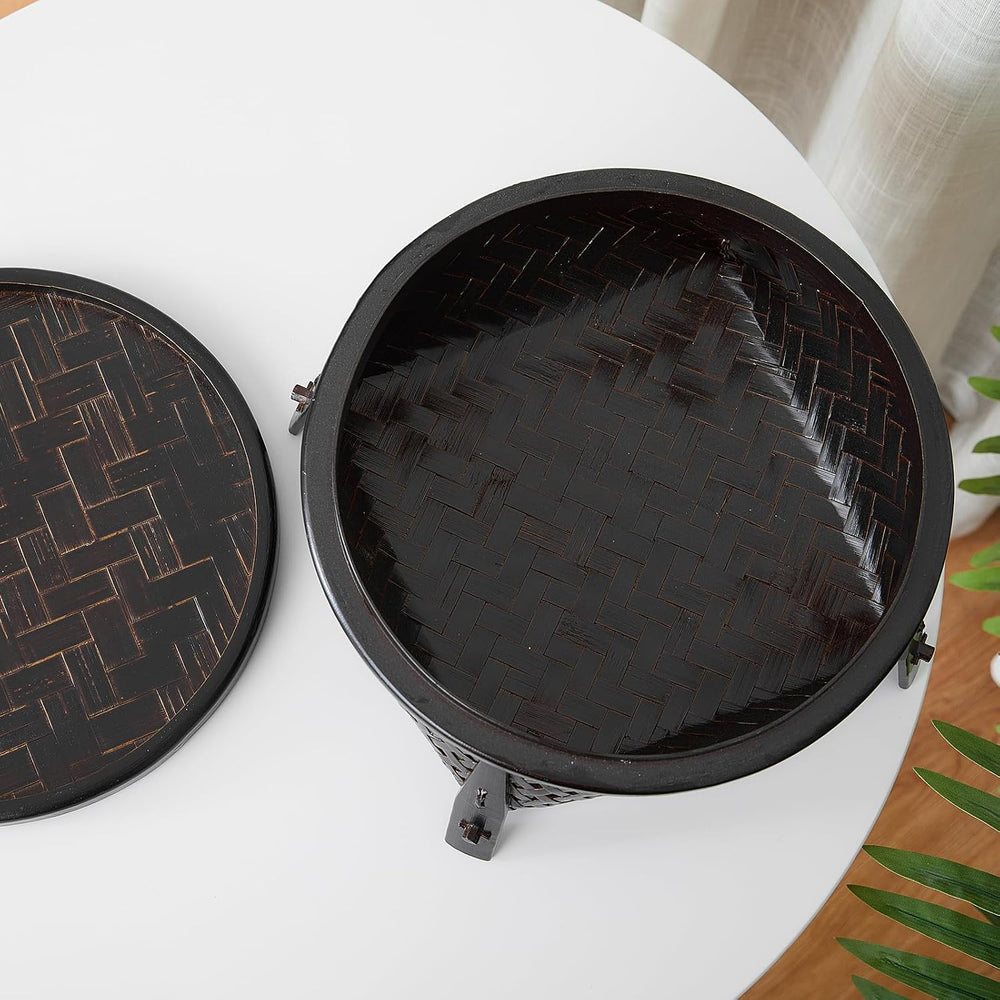 Handcrafted Natural Bamboo Woven Storage Basket with Lid, Vintage Round Dry T...