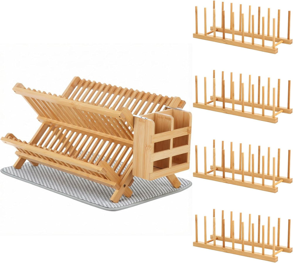 6 Pcs Plate Organizer Set for Cabinet 2 Tier Bamboo Collapsible Dish Rack wit...