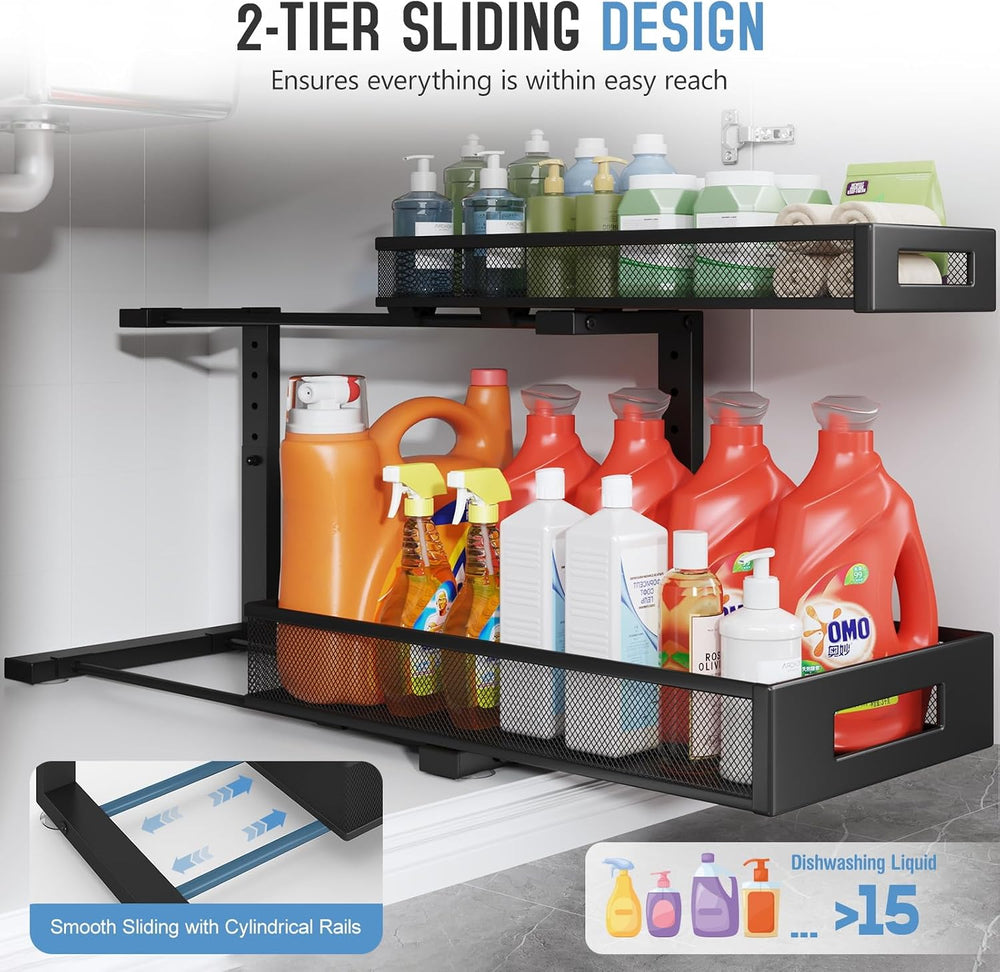 2 Pack 19IN Depth Under Sink Storage Organizer, Large 2-Tier Elegant Mesh Pul...