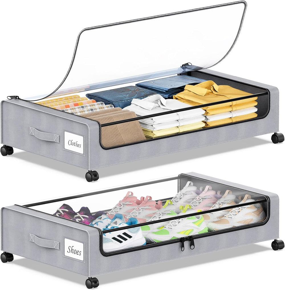 Under Bed Storage with Wheels, 2 Pack Under bed Storage Containers with Clear...