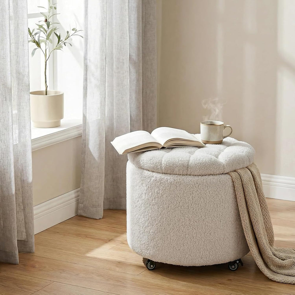 Furniliving Modern Round Storage Ottoman with Wheels,Button Tufted Ottoman Fo...