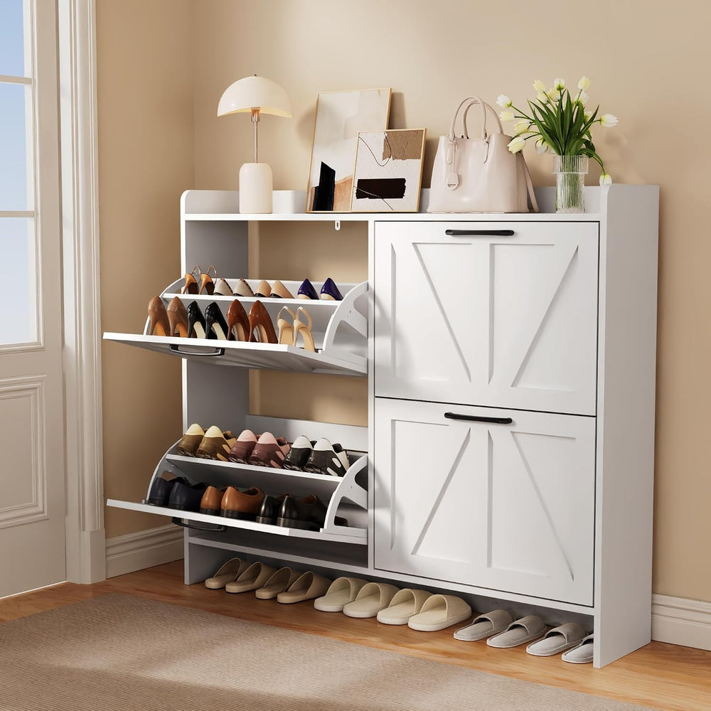 Shoe Storage Cabinet with 4 Flip Drawers, Freestanding Hidden Shoe Cabinet wi...