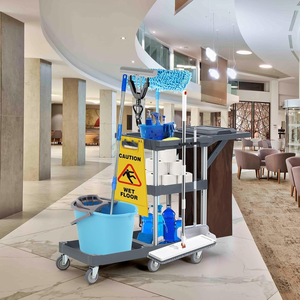 Commercial Janitorial Cart with Wheels, 3 Shelf Cleaning Trolley Cart with 16...