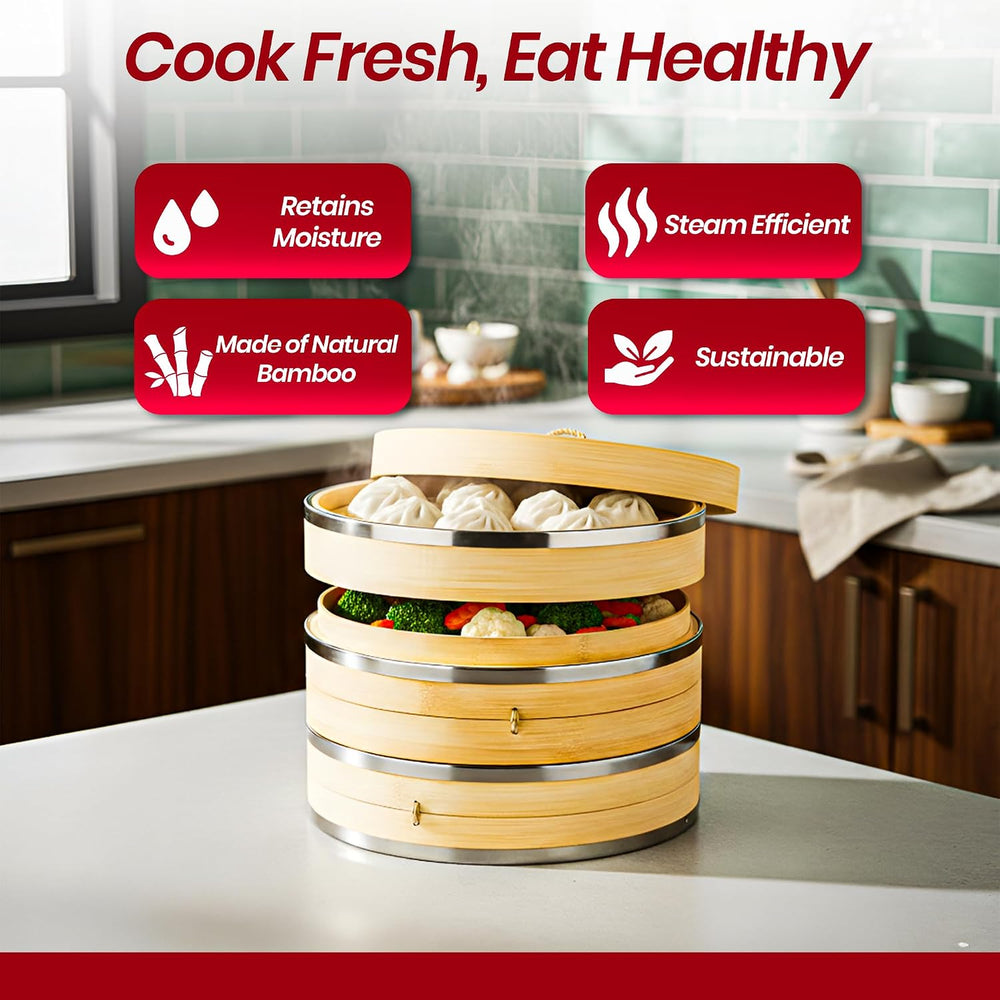 Bamboo Steamer Basket 10 Inch 2 Tier Set for Cooking | Dumpling Steamer Baske...