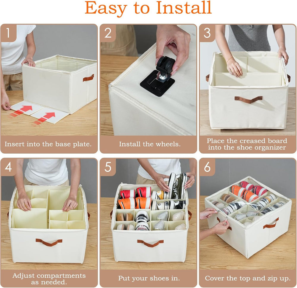 Foyego 2 Pack Shoe Organizer for Closet, Shoe Storage with Wheels, Beige