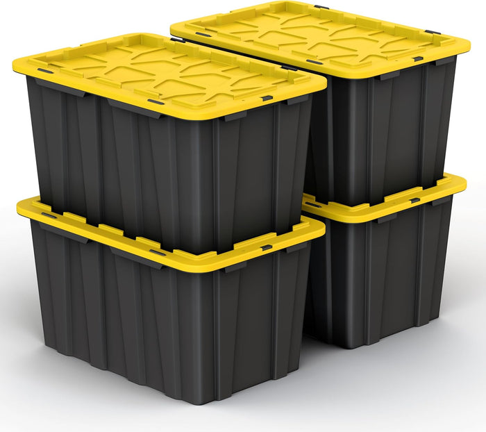 4 PACK of 17 Gallon Large Black & Yellow Storage Bins | Plastic Tote Organizing Container with Secure Latching Lids, Stackable, Extra Strength with Built in Handle | 24.5" x 16.5" x 13.5"
