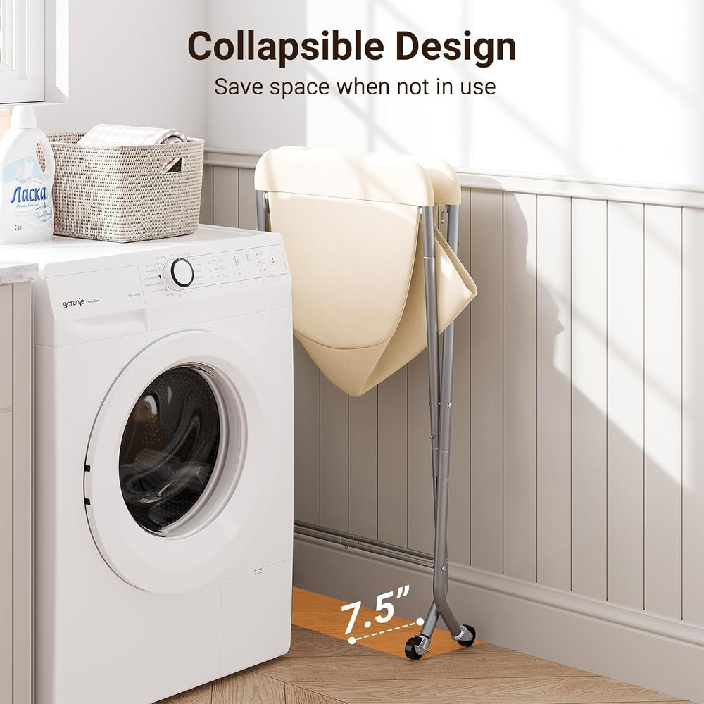 ELYKEN Laundry Basket with Wheels, Collapsible Laundry Hamper, Cream