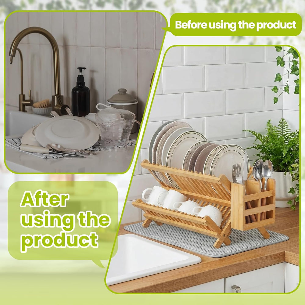 6 Pcs Plate Organizer Set for Cabinet 2 Tier Bamboo Collapsible Dish Rack wit...