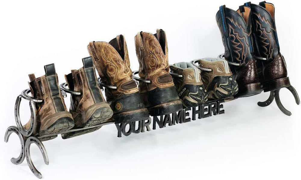Rustic Custom Name Horseshoe Boot Rack - The Heritage Forge