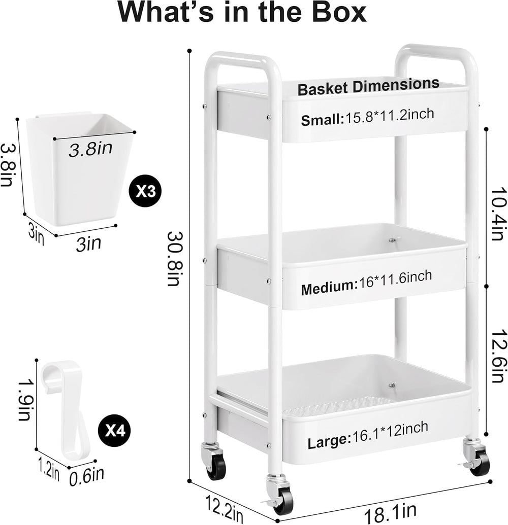 3 Tier Rolling Cart Metal with Wheels, White Three Tiered Carts on Wheels