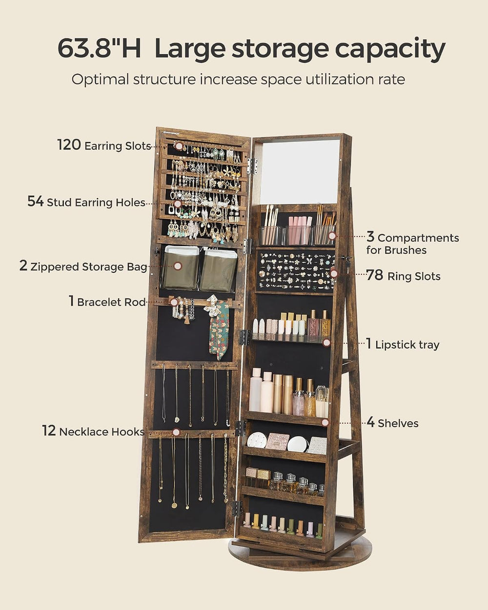 SONGMICS 360° Swivel Jewelry Cabinet, Full-Length Mirror, Lockable