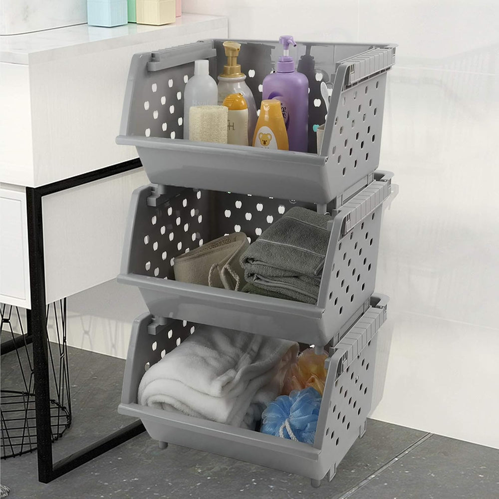 3 Pack Stacking Open Front Storage Bins, Gray Stackable Basket
