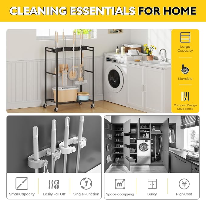 BORISI Broom And Mop Holder, Movable Broom Closet Storage Cabinet, Cleaning Cart