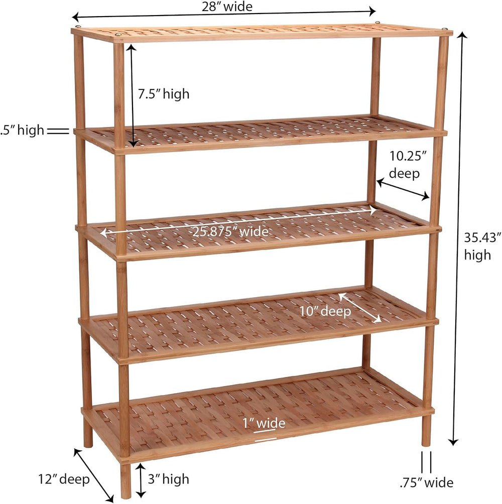 Household Essentials 5 Tier Bamboo Shoe Rack, Lightweight Storage Shelf, Bask...