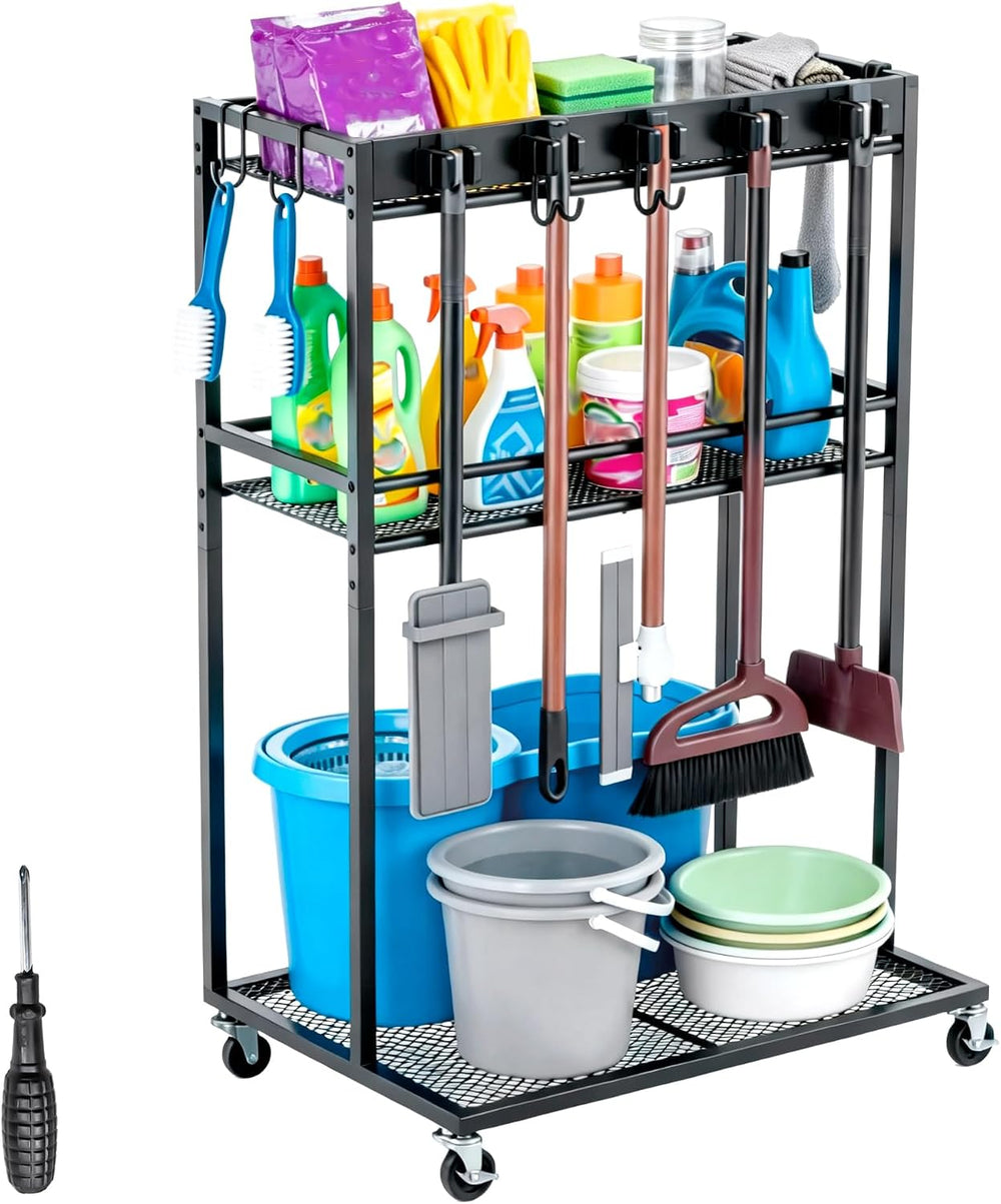 2 Levels Easy-Assembly Broom Holder Cart for Laundry