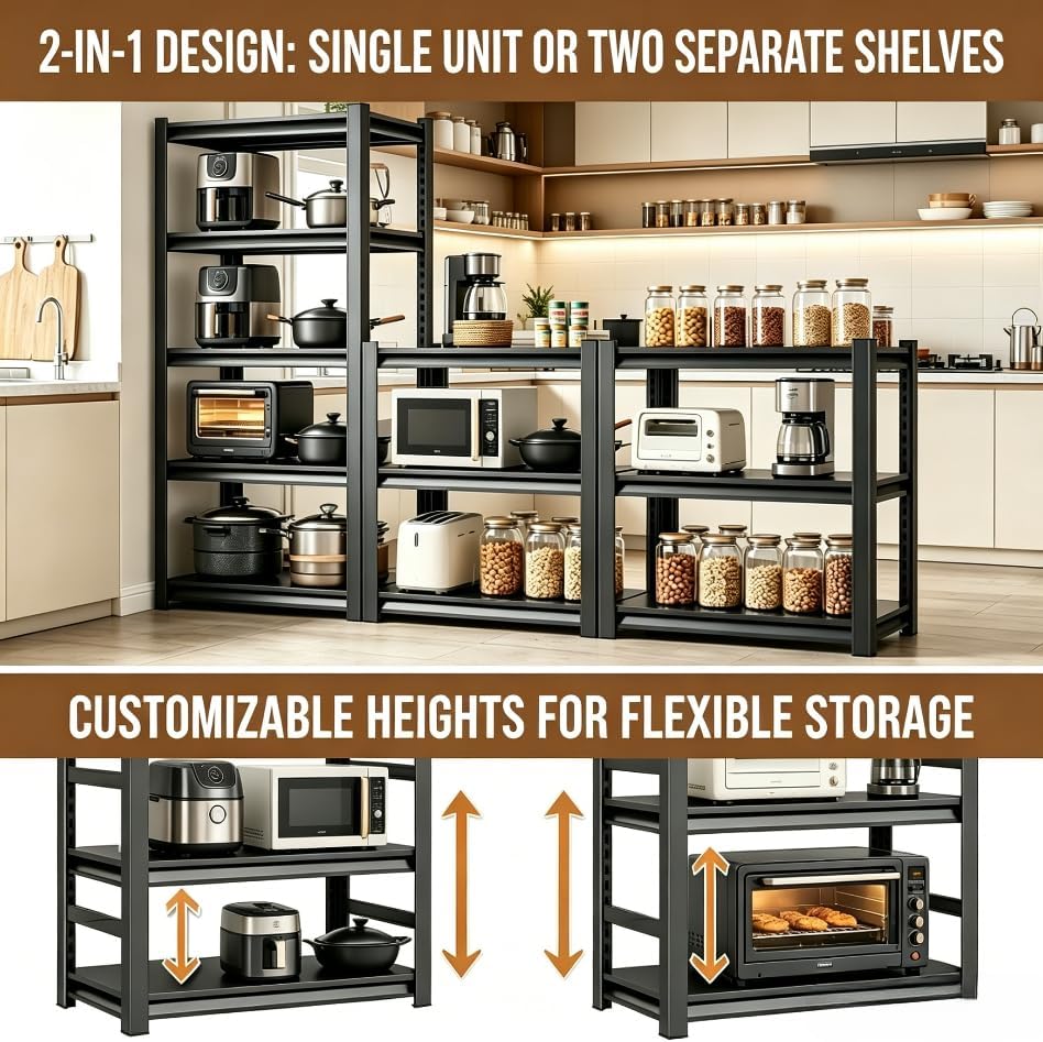 5-Tier Kitchen Storage Shelves, 71.2" H Adjustable Metal Shelving Unit w...