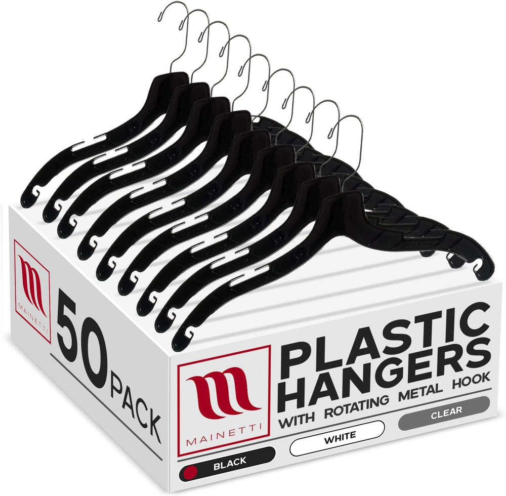 Mainetti 17in Black Plastic Shirt Hangers with Swivel Hook (50 Pack)