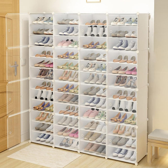 12-Tiers Vertical Shoe Cabinet, Side Opening Shoe Cabinet with Divider, Clear Plastic Stackable 96 Pairs Dorm Home Shoe Storage for Heels, Boots, Slippers, Sports Shoes, Casual Shoes