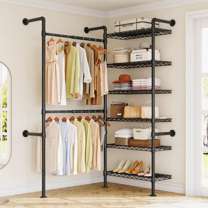 ONBRILL L2 Wall Mounted Closet System, Industrial Pipe Clothing Rack, Black