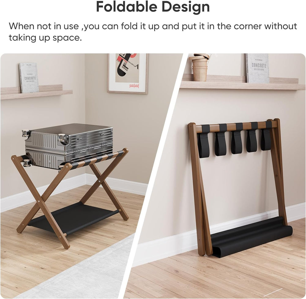 Smuxee Walnut Bamboo Luggage Rack Pack of 2, Foldable Suitcase Stand with Sto...