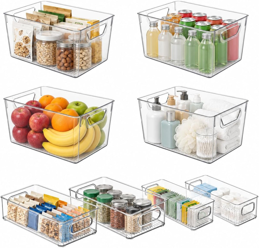 8 Pack Clear Bins for Organizing, Pantry Storage Bins, 3 Sizes: 4L+2M+2S