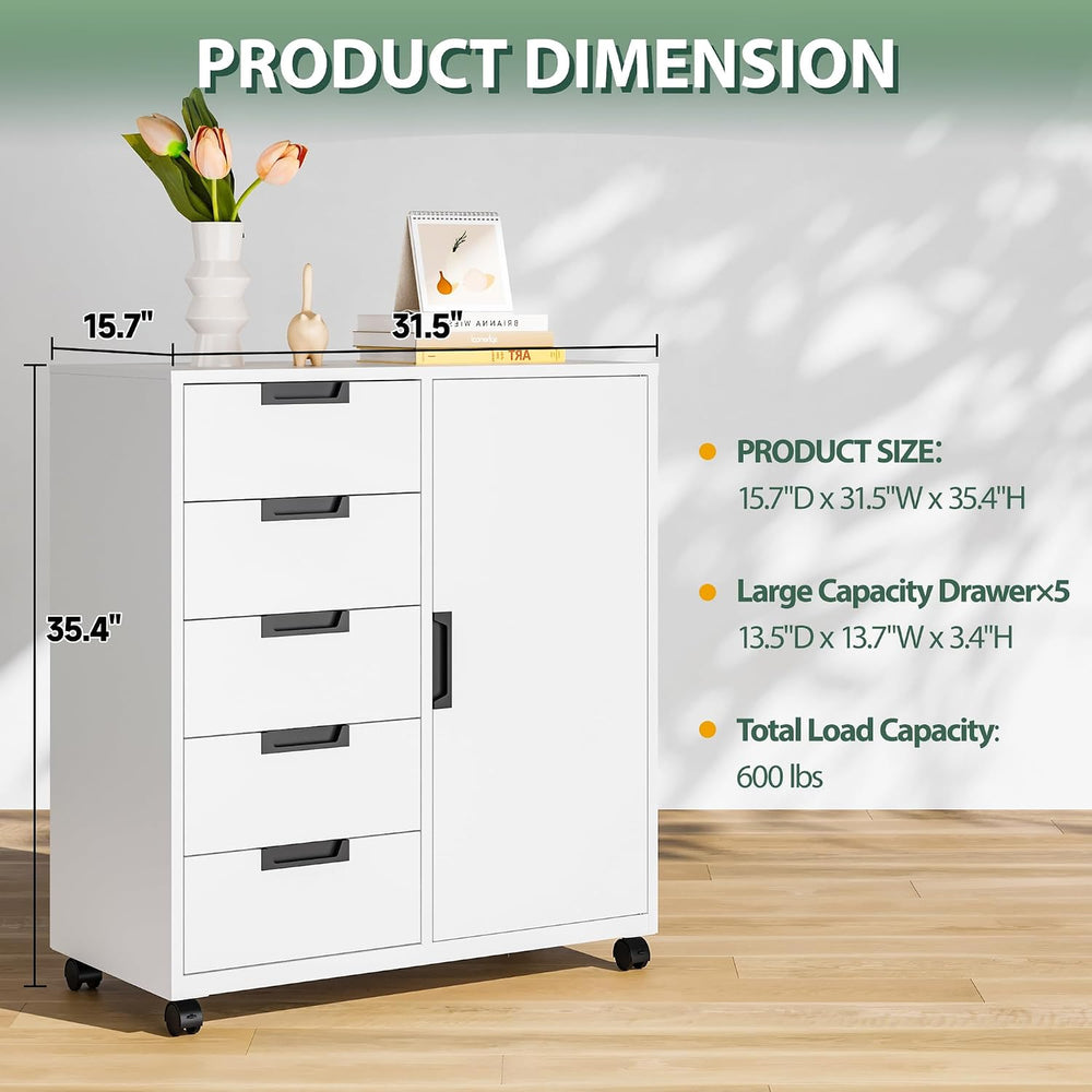 MIIIKO 5 Drawer Storage Cabinet with Door and Shelf, Mobile Lateral Cabinet o...