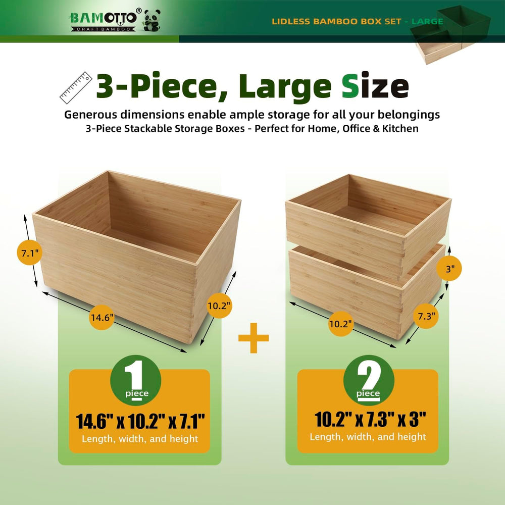 BAMOTTO CRAFTBAMBOO 3-Piece Bamboo Storage Box Set Stackable Organizer