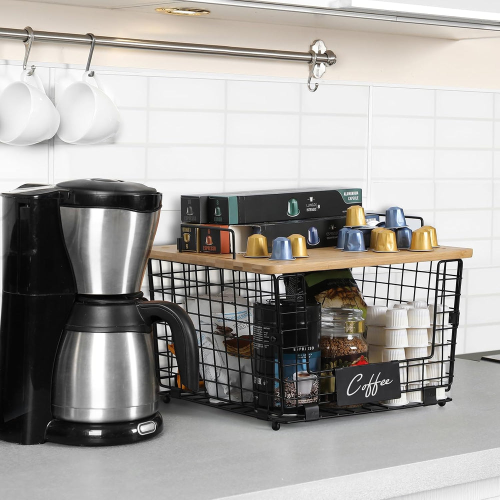 1 Set Stackable Wire Basket with Bamboo Top - Kitchen Counter, Pantry Organiz...