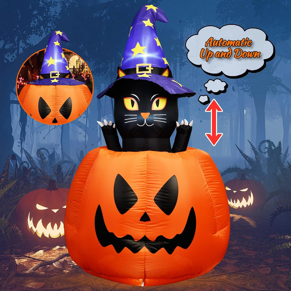 5.3 FT Halloween Inflatable Animated Witch Cat in Pumpkin, Blow Up Yard Decor...
