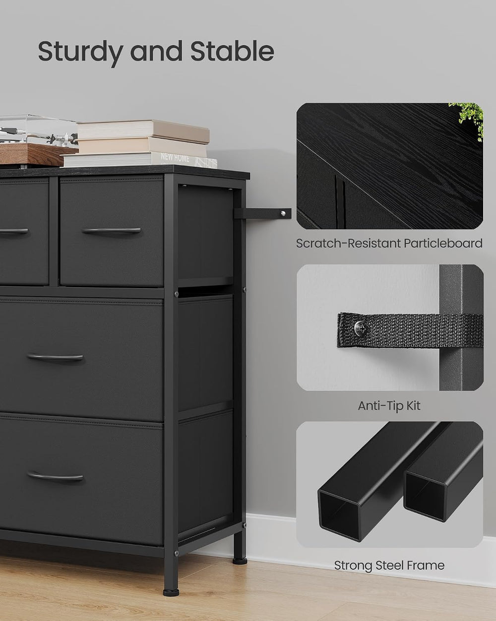SONGMICS Wide Dresser for Bedroom, 8 Fabric Drawers with Steel Frame