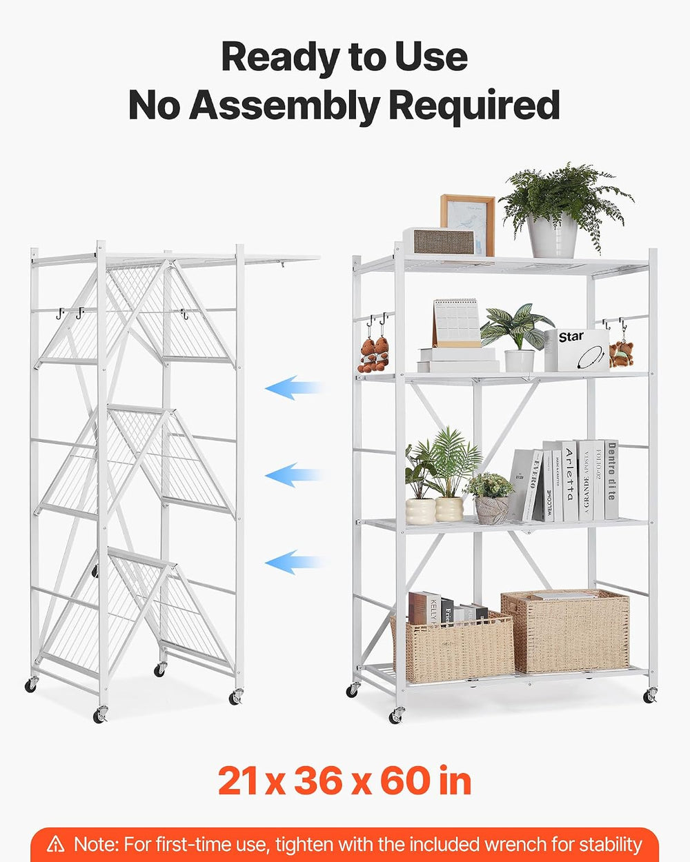 VEVOR 4-Tier Foldable Storage Shelf, 36W x 21D x 60 H Inch Folding Metal Rack...