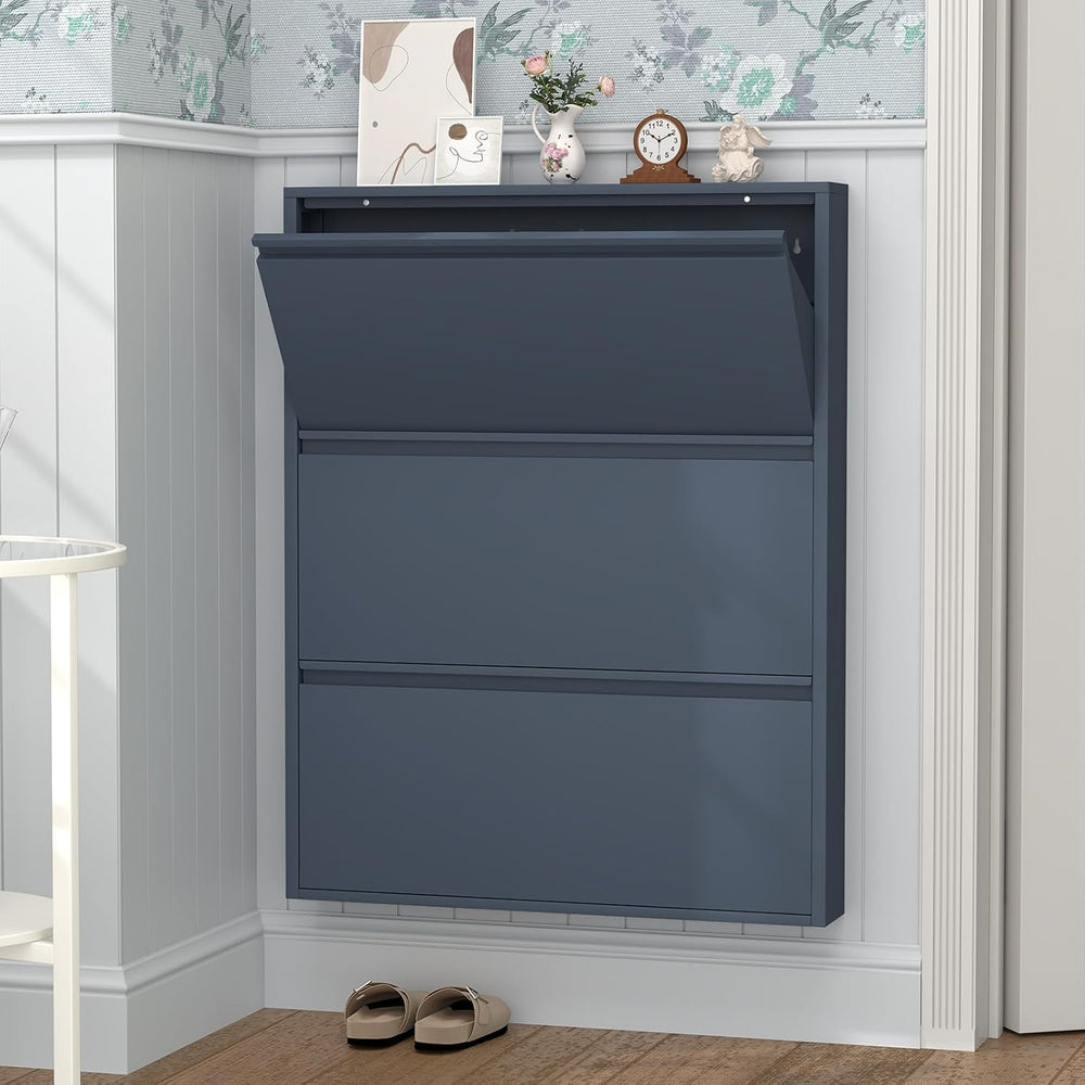 GREATMEET Slim Wall Mounted Metal Storage Cabinet with 3 Flip Drawers