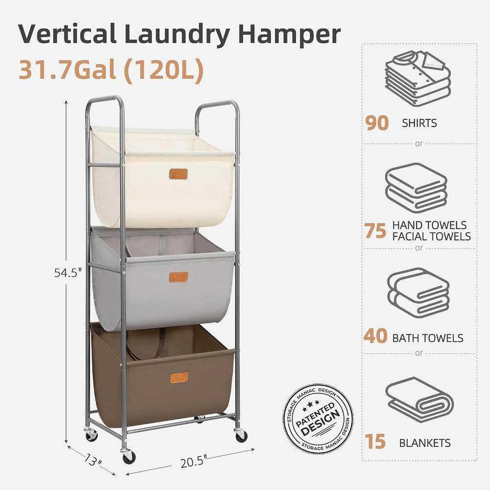 STORAGE MANIAC 120 Liters Vertical Rolling Laundry Hamper, 3 Section Laundry ...