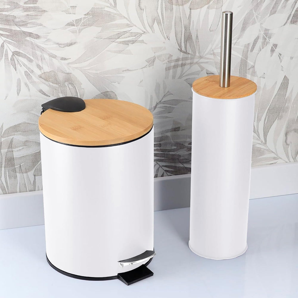 Bathroom Set w/Bamboo Lid, Metal Trash Can & Toilet Brush, 2.5L Bin, White