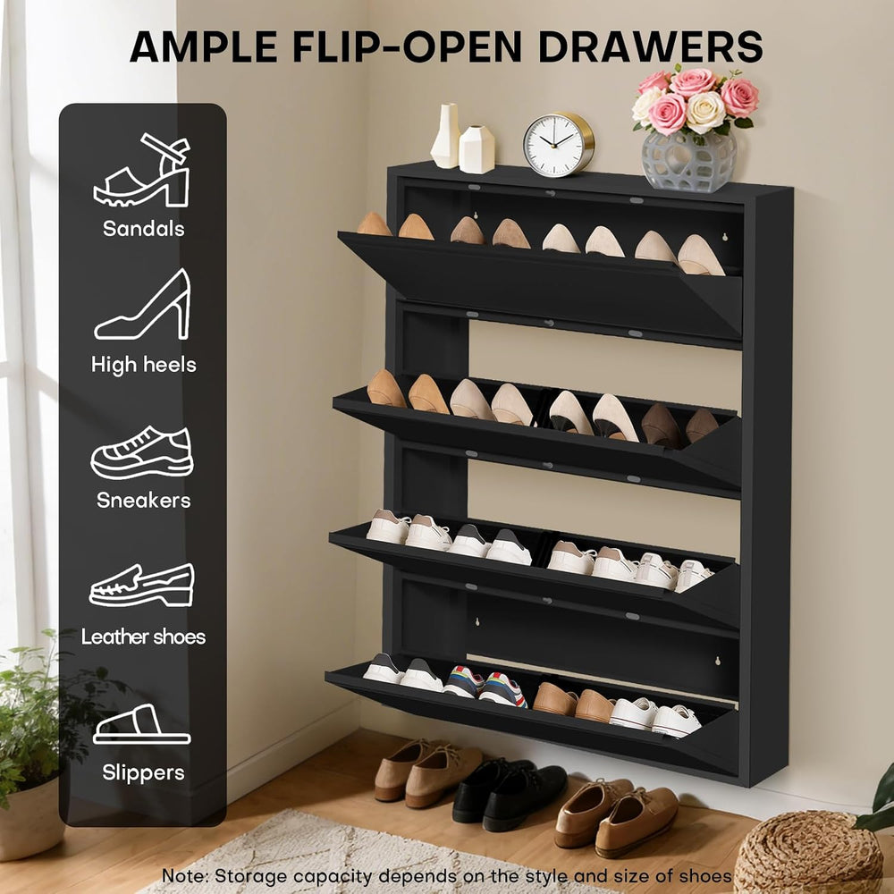 Shoe Storage Cabinet with 4 Flip Drawers, Hidden Slim Narrow Shoe Rack Cabine...