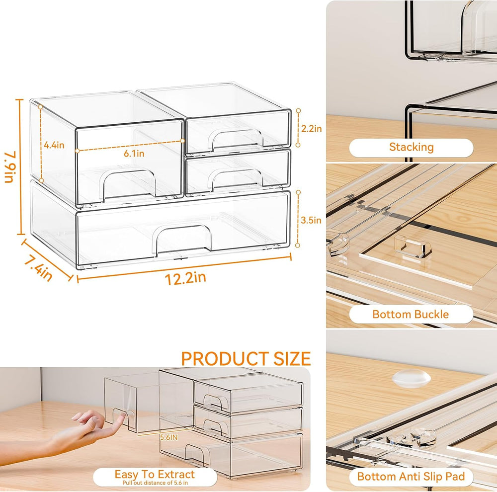 4 Pack Clear Stackable Storage Drawers,Pull-Out Medicine Cabinet Organizer an...