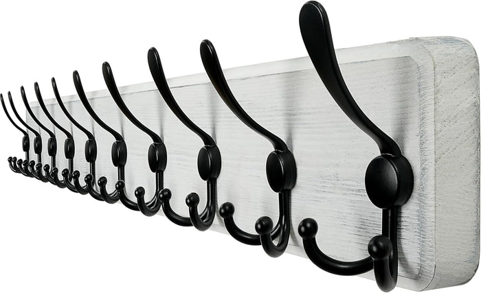 WEBI Coat Rack Wall Mount,38 9/16" Long,10 Hooks,Large Coat Hooks Wall Mounted,Coat Hanger Wall,Farmhouse Wood Hook Rack Rail,Triple Hooks for Hanging Coats,Clothes,Jacket,Black/White