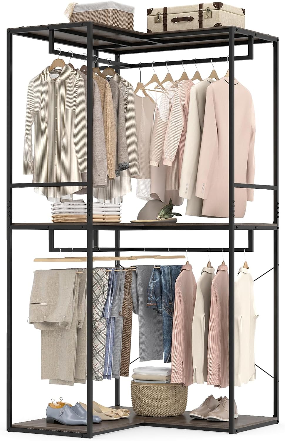 GIANTEX Heavy Duty Clothes Rack, 3-Tier L-Shaped Garment Rack w/3 Open Shelve...