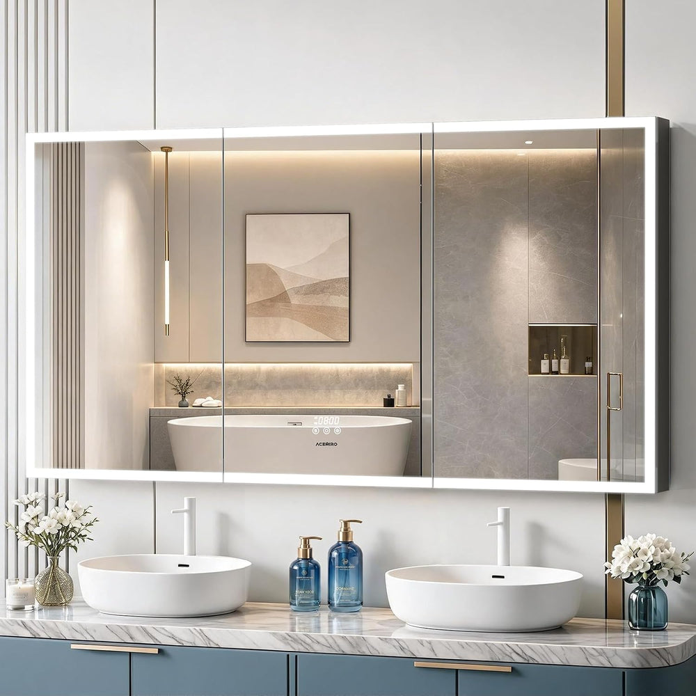 60"×32" Lighted Bathroom Medicine Cabinet with Mirror, Recessed Med...