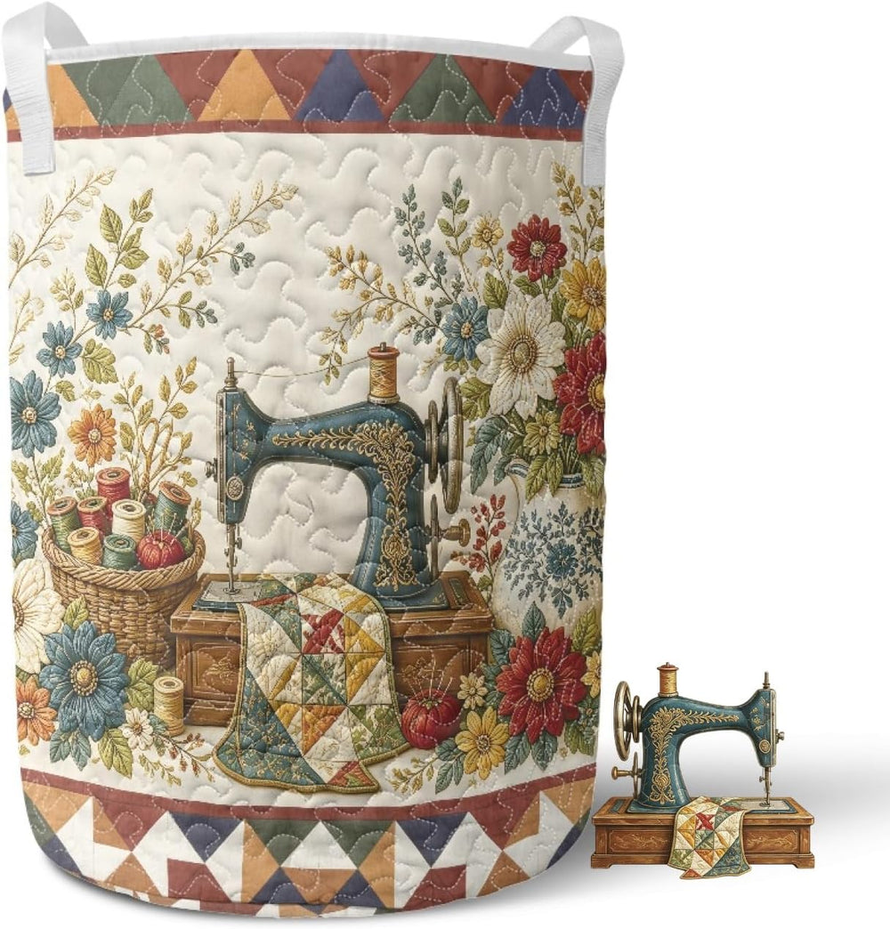 Quilted Laundry Basket with Handles, Retro Sewing Laundry Hamper